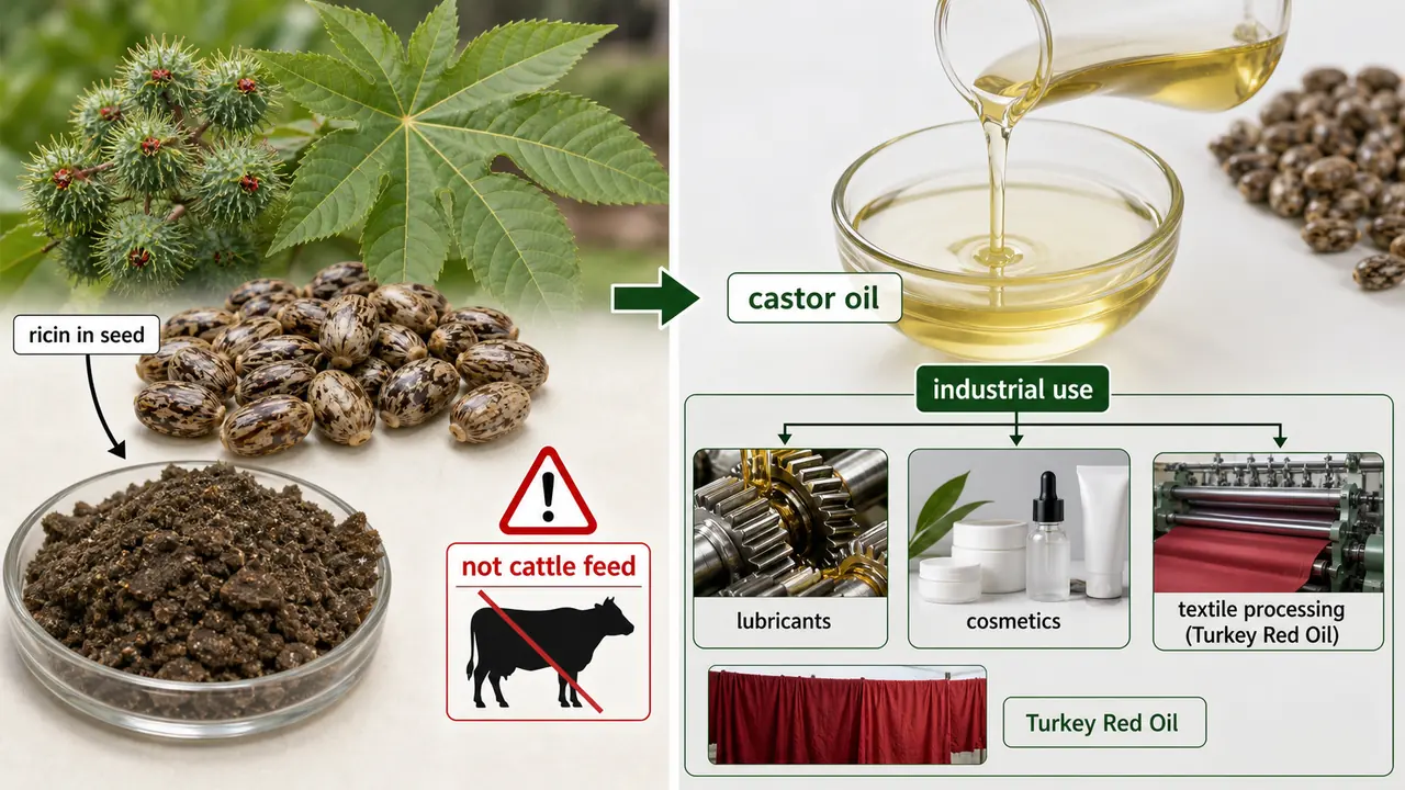 Castor seeds showing ricin toxicity warning contrasted with extracted castor oil used in lubricants cosmetics and Turkey Red Oil processing
