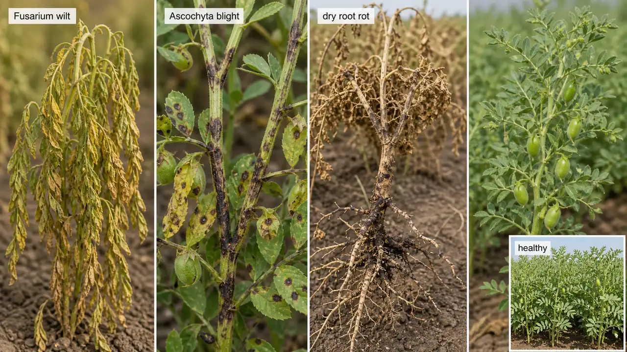 Chickpea disease comparison showing Fusarium wilt, Ascochyta blight, dry root rot, and a healthy reference plant