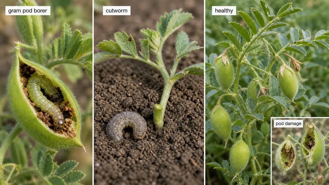 Chickpea pest comparison showing gram pod borer feeding on pods, cutworm seedling damage, and a healthy reference plant
