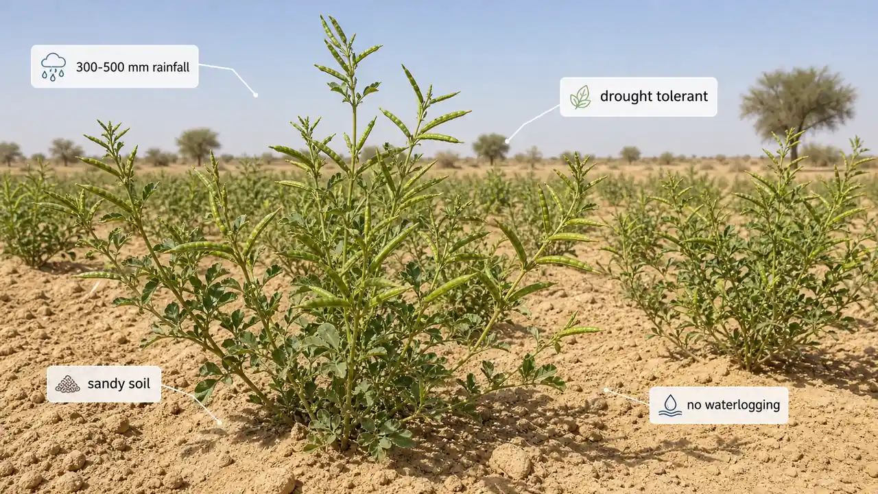 Clusterbean guar growing in an arid sandy Rajasthan field showing drought-adapted crop form and preference for well-drained soils