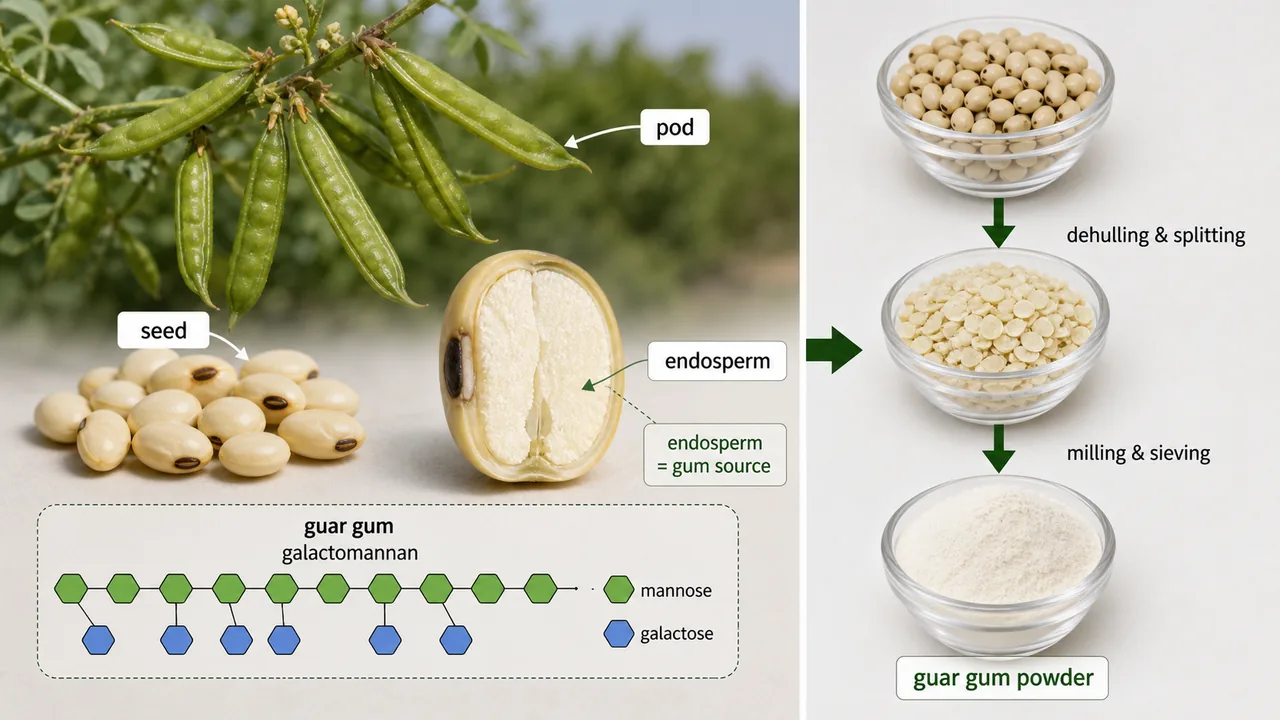 Clusterbean guar seed structure showing the endosperm as the source of guar gum and its processing into industrial gum powder