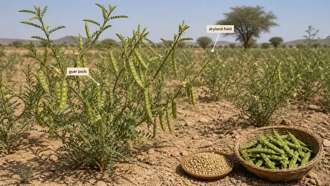 Clusterbean or guar crop showing pods in an arid field