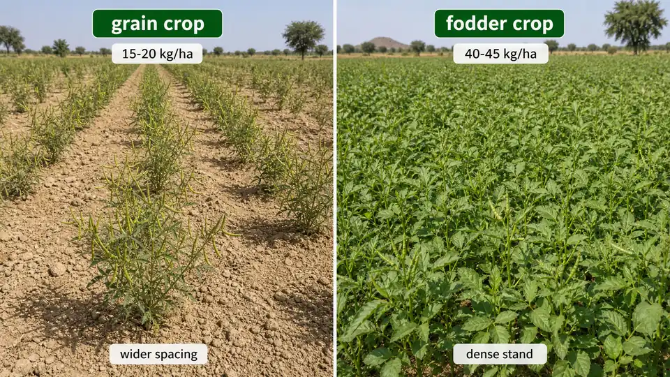 Clusterbean grain crop with wider spacing compared with dense fodder crop stand and higher seed rate