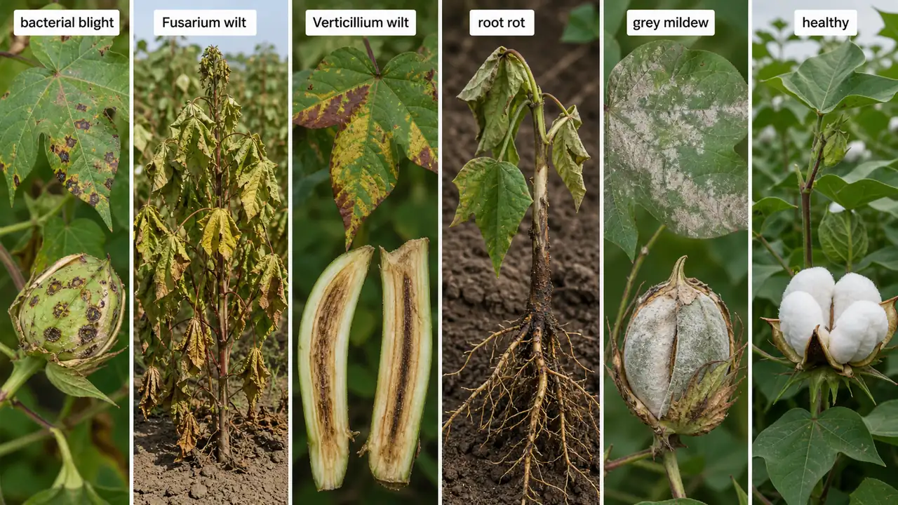 Cotton disease comparison showing bacterial blight, Fusarium wilt, Verticillium wilt, root rot, grey mildew, and a healthy reference plant