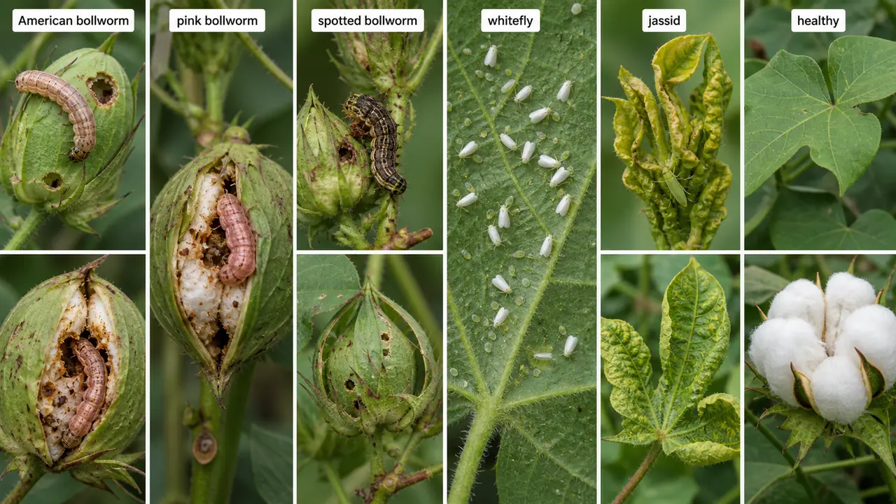 Cotton pest comparison showing American bollworm, pink bollworm, spotted bollworm, whitefly, jassid, and a healthy reference plant