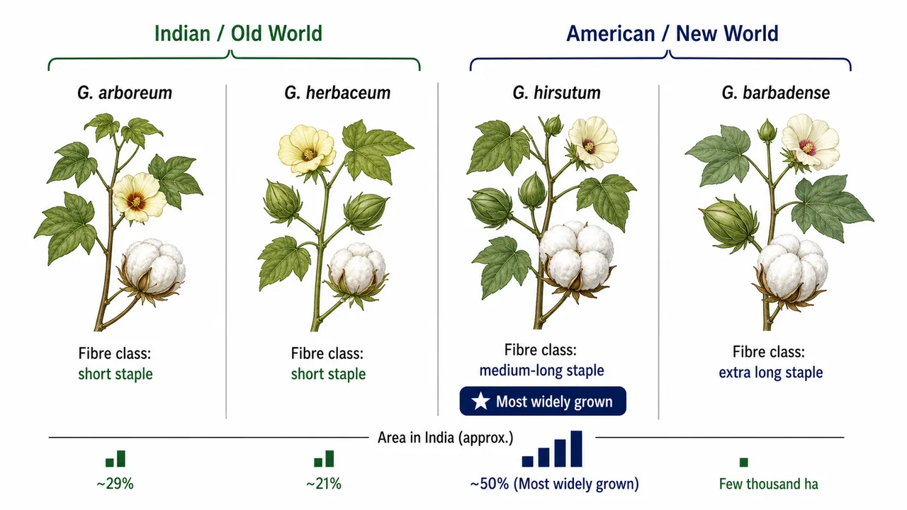 Comparison of four cultivated cotton species grouped into Indian old world and American new world types with fibre class differences