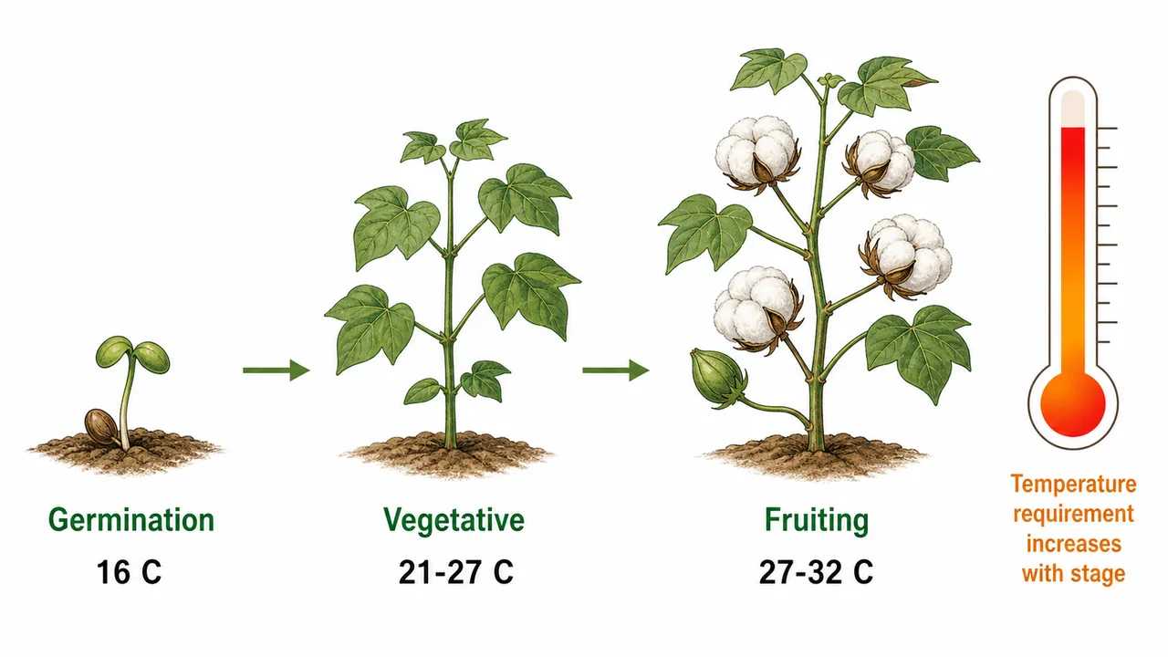 Cotton growth stages showing higher temperature requirement from germination to vegetative growth to fruiting