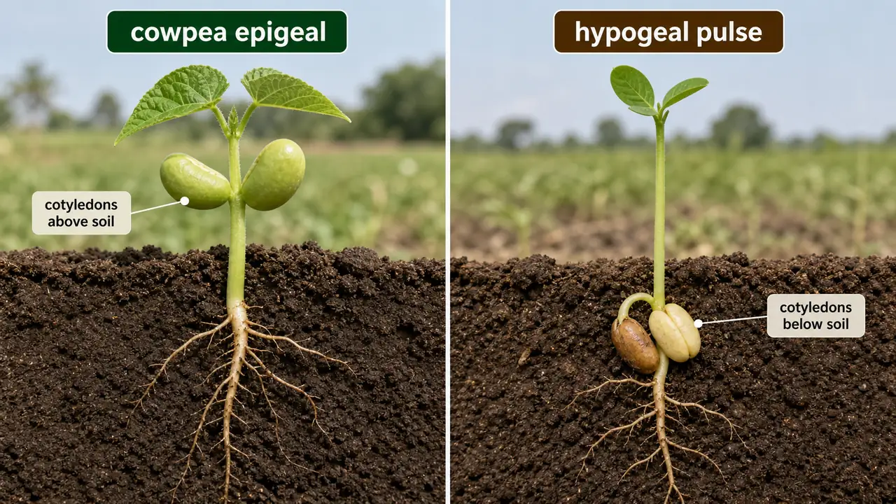 Cowpea epigeal germination compared with hypogeal pulse germination showing cotyledons above versus below soil