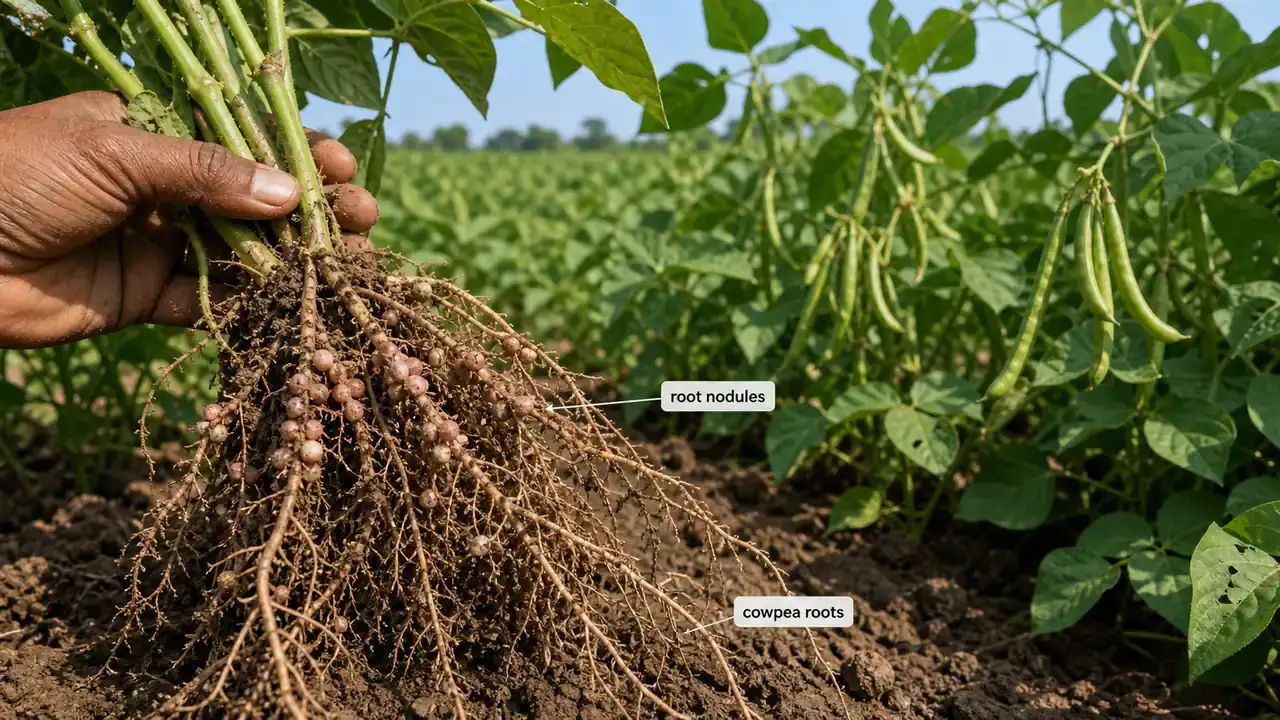 Cowpea roots with nitrogen-fixing nodules in a pulse agronomy field