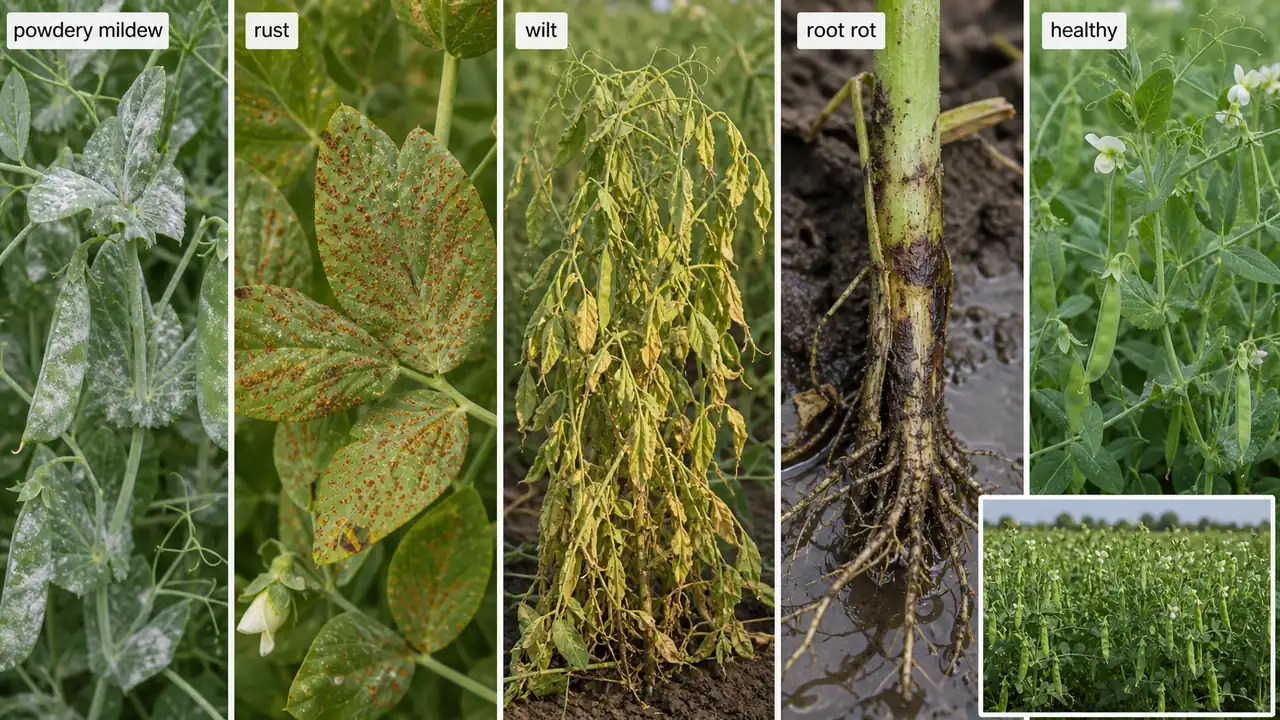 Field pea disease comparison showing powdery mildew, rust, wilt, root rot, and a healthy reference plant