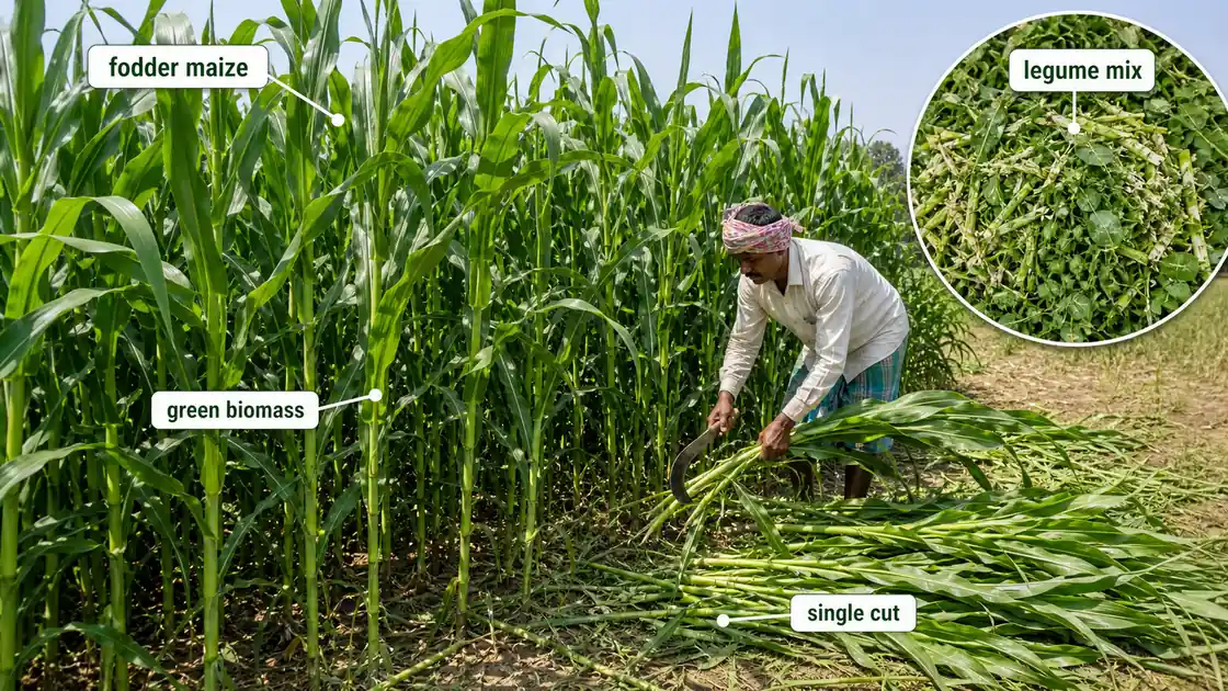 Fodder maize crop showing green biomass harvest and legume mix for balanced livestock ration