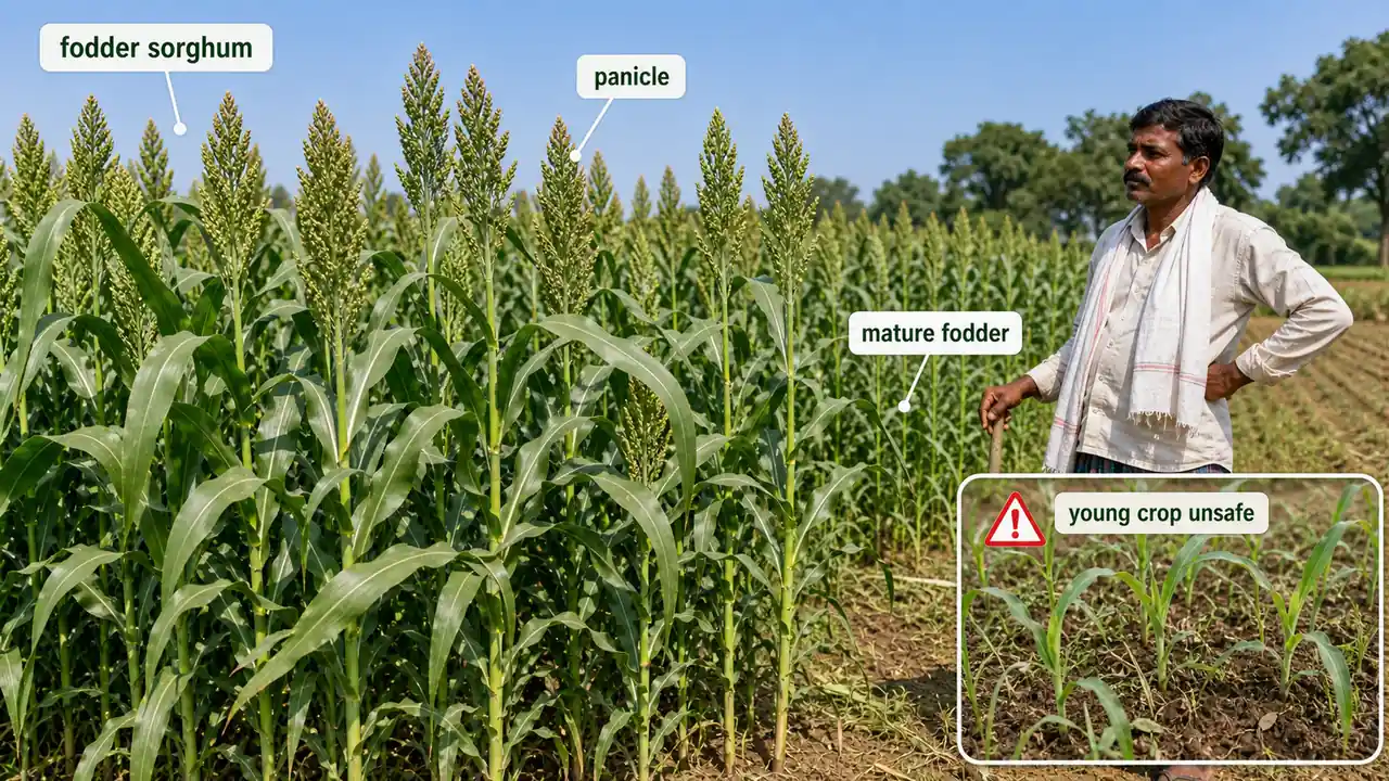 Fodder sorghum chari crop showing panicles, mature fodder, and warning for unsafe young crop