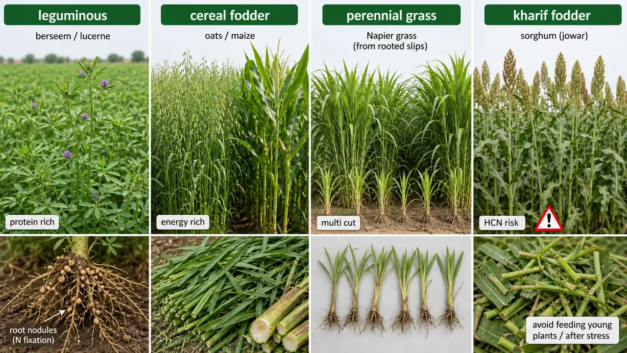 Forage crop classification showing leguminous, cereal, perennial grass, and kharif fodder groups with their key feeding roles