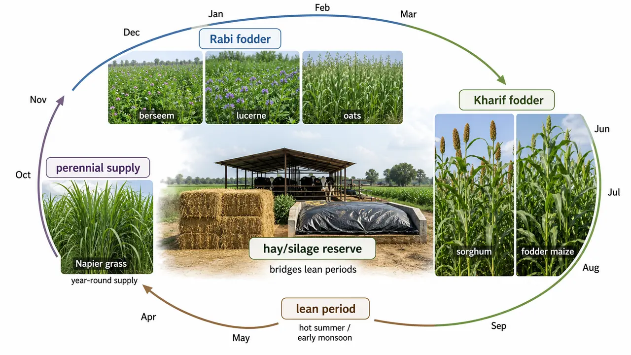 Seasonal forage planning across the year showing rabi fodder, kharif fodder, perennial grass supply, and hay or silage reserves for lean periods