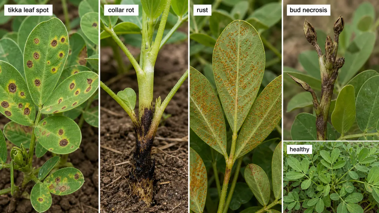 Groundnut disease comparison showing tikka leaf spot, collar rot, rust, bud necrosis, and a healthy reference plant