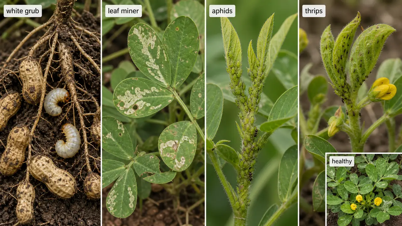 Groundnut pest comparison showing white grub root damage, leaf miner blotches, aphids, thrips, and a healthy reference plant