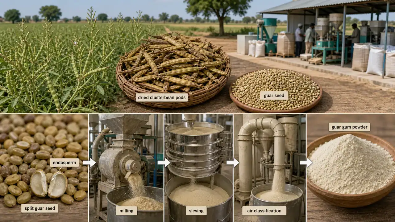 Guar seed processing into refined guar gum powder for industrial use
