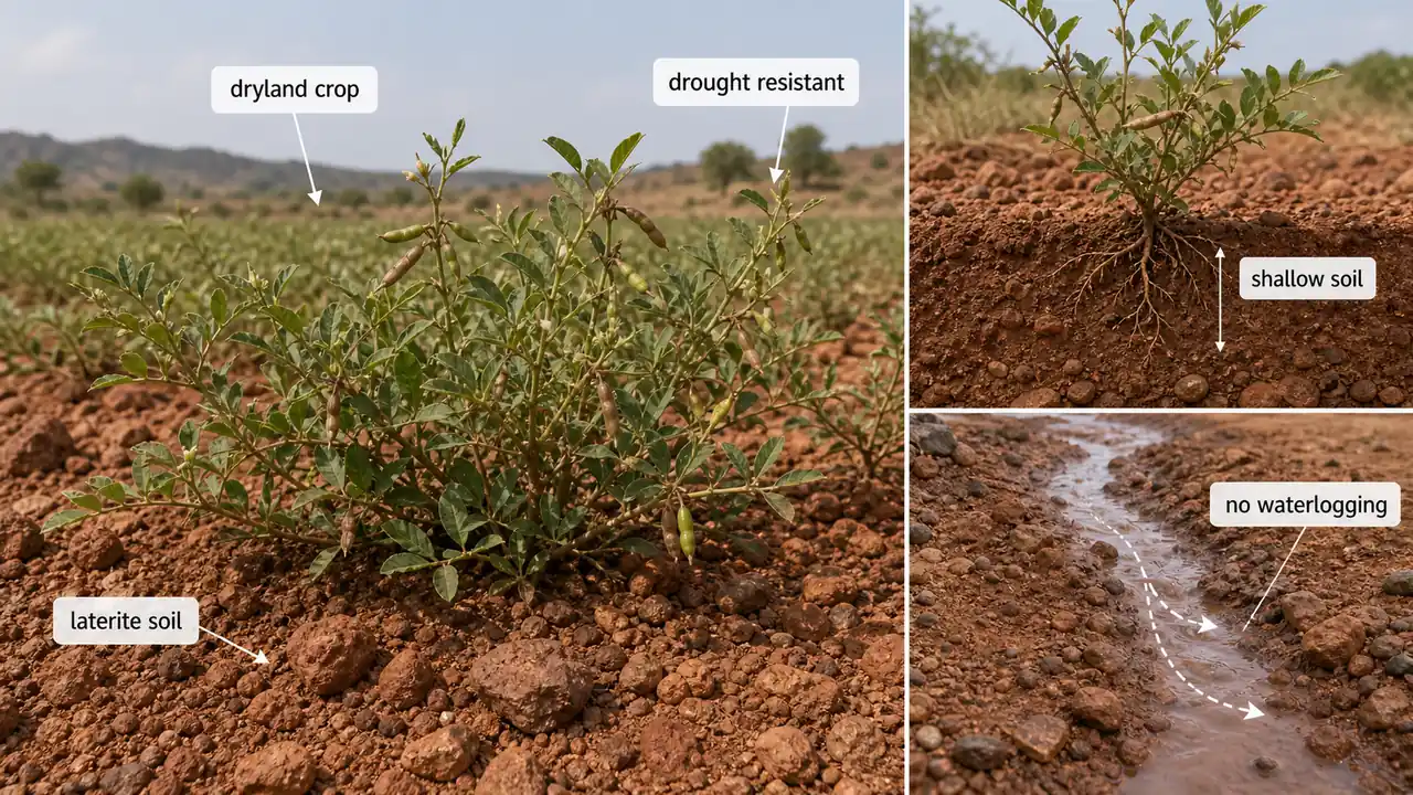 Horse gram growing on laterite and shallow dryland soils with strong drought adaptation and poor tolerance to waterlogging