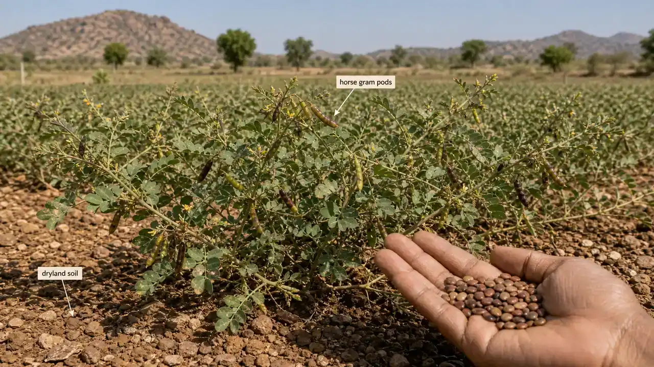 Horse gram crop with pods in a dryland pulse field