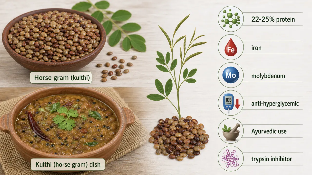 Horse gram nutritional and medicinal profile showing protein, iron, molybdenum, anti-hyperglycemic value, and Ayurvedic food use