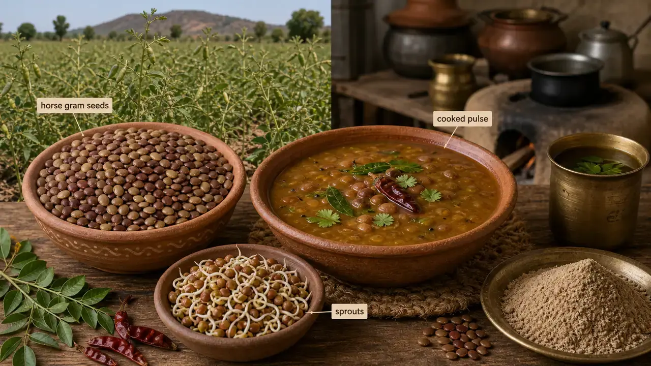 Horse gram seeds and cooked pulse dish used in traditional dryland diets