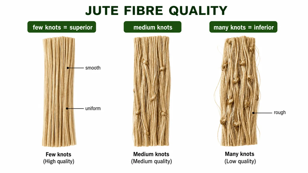 Jute fibre quality comparison showing that fewer knots give smoother more uniform and higher quality fibre