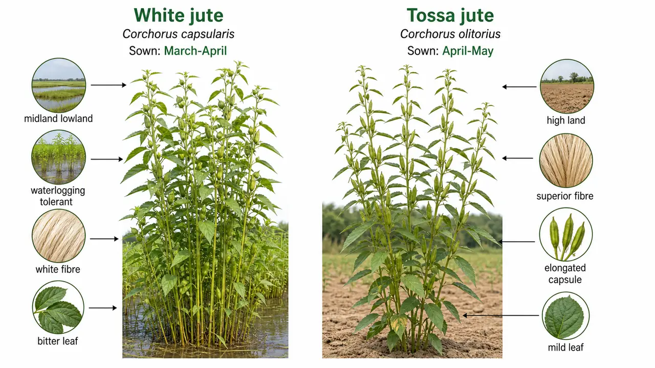White jute and Tossa jute comparison showing lowland waterlogging-tolerant capsularis and superior-fibre high-land olitorius