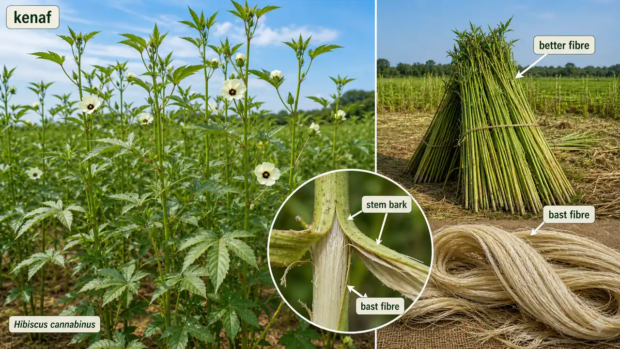 Kenaf mesta crop showing Hibiscus cannabinus plants, stem bark, and bast fibre extraction