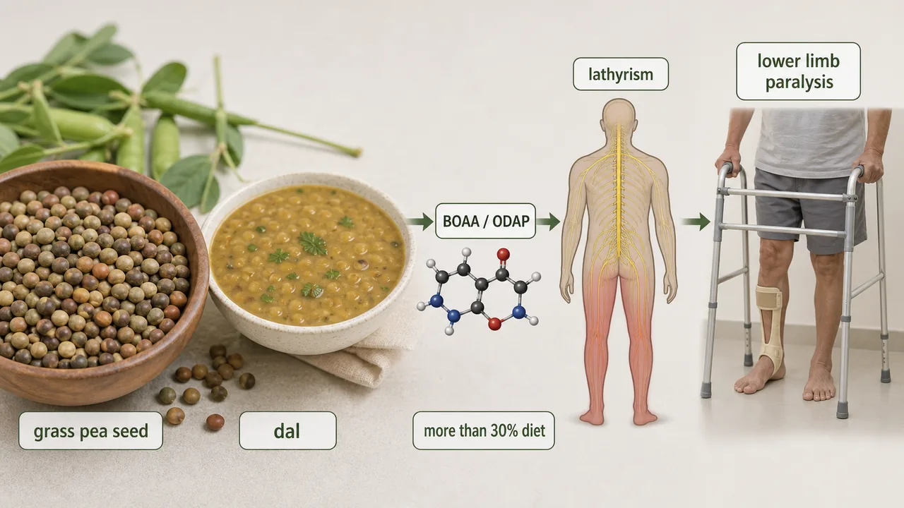 Lathyrus grass pea seed safety explainer showing BOAA or ODAP toxin risk and its link to lathyrism affecting the lower limbs