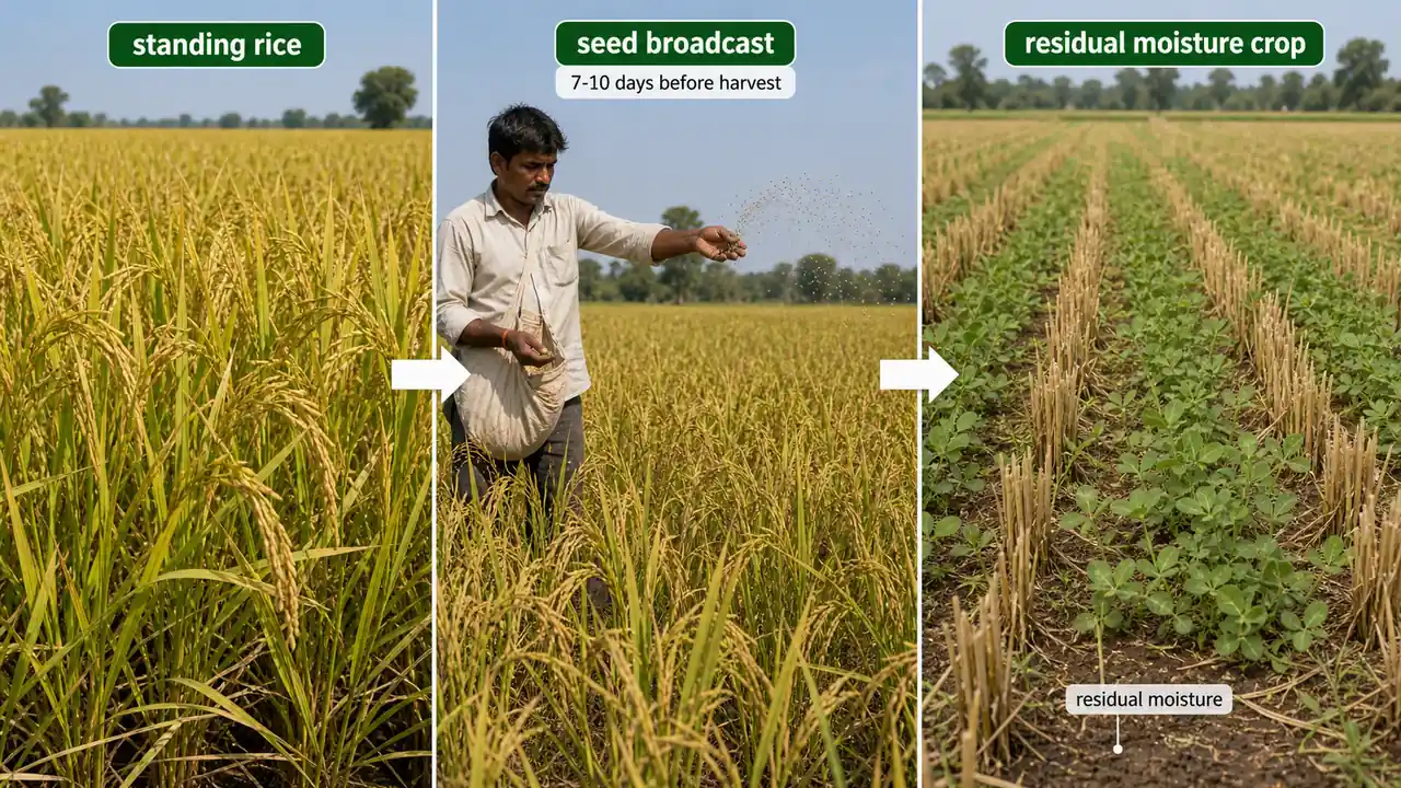 Lathyrus utera or paira cultivation showing seed broadcast into standing rice and crop growth on residual moisture
