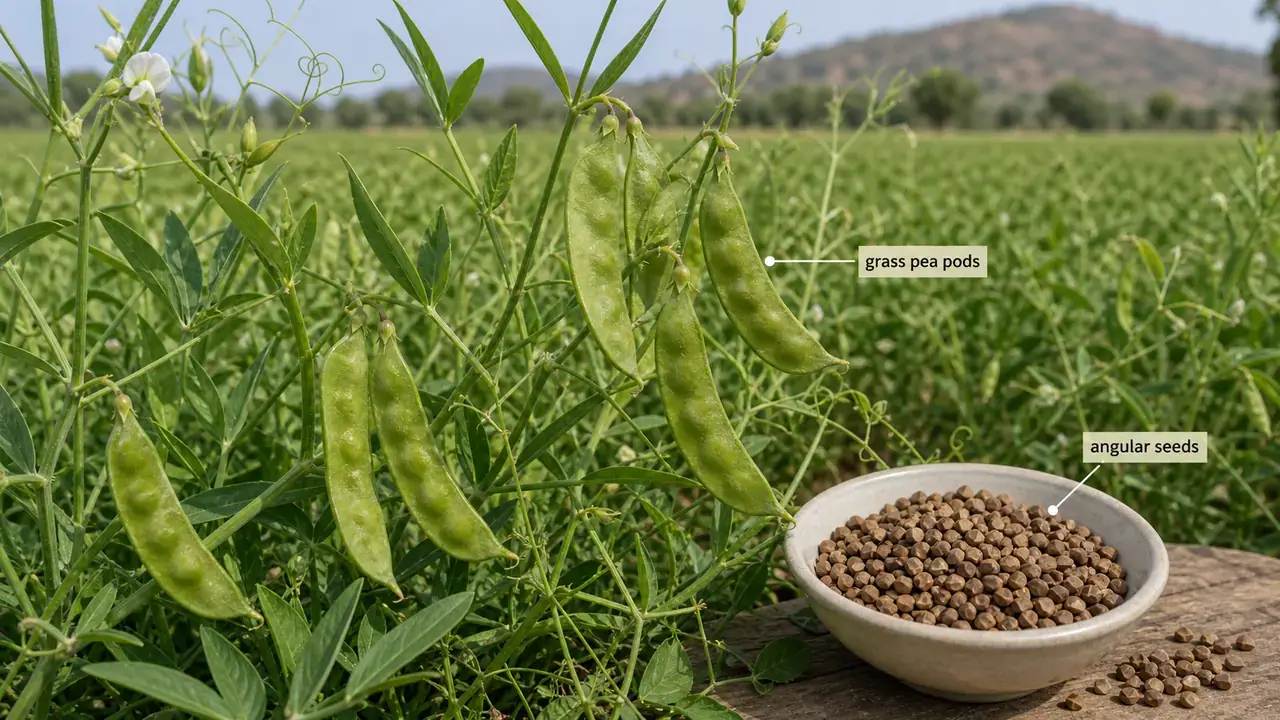 Lathyrus plant with pods and seeds used for identification in pulse agronomy