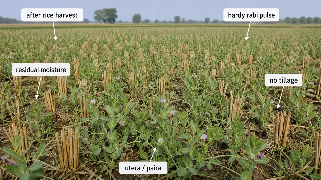 Lathyrus established after rice harvest on residual moisture through utera or paira cultivation without tillage