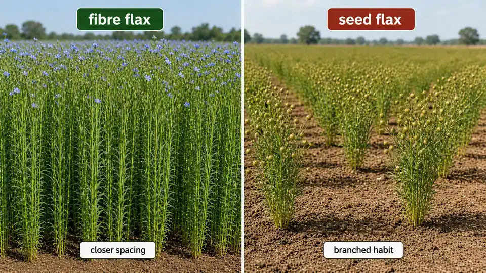 Fibre flax compared with seed flax showing closer spacing and unbranched stems versus branched oilseed plants