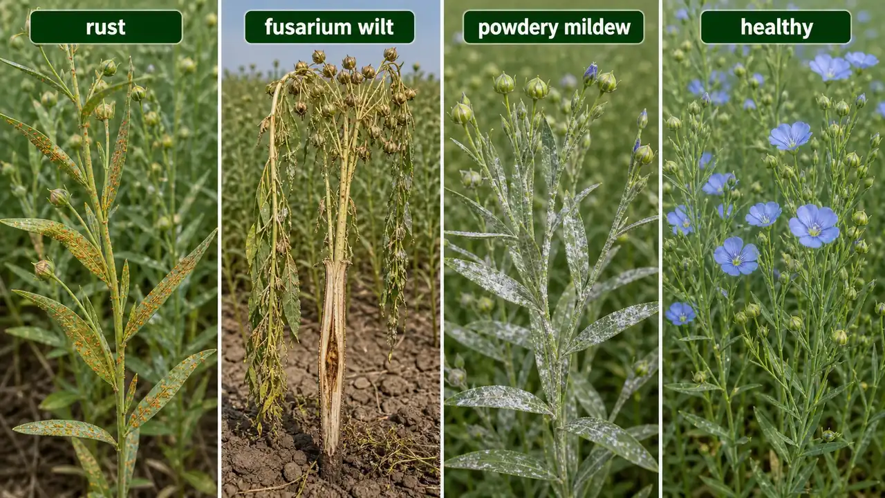 Linseed disease comparison showing rust fusarium wilt powdery mildew and healthy flax plant