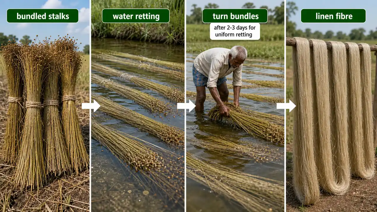 Linseed retting process showing bundled stalks water retting turning bundles and final linen fibre extraction