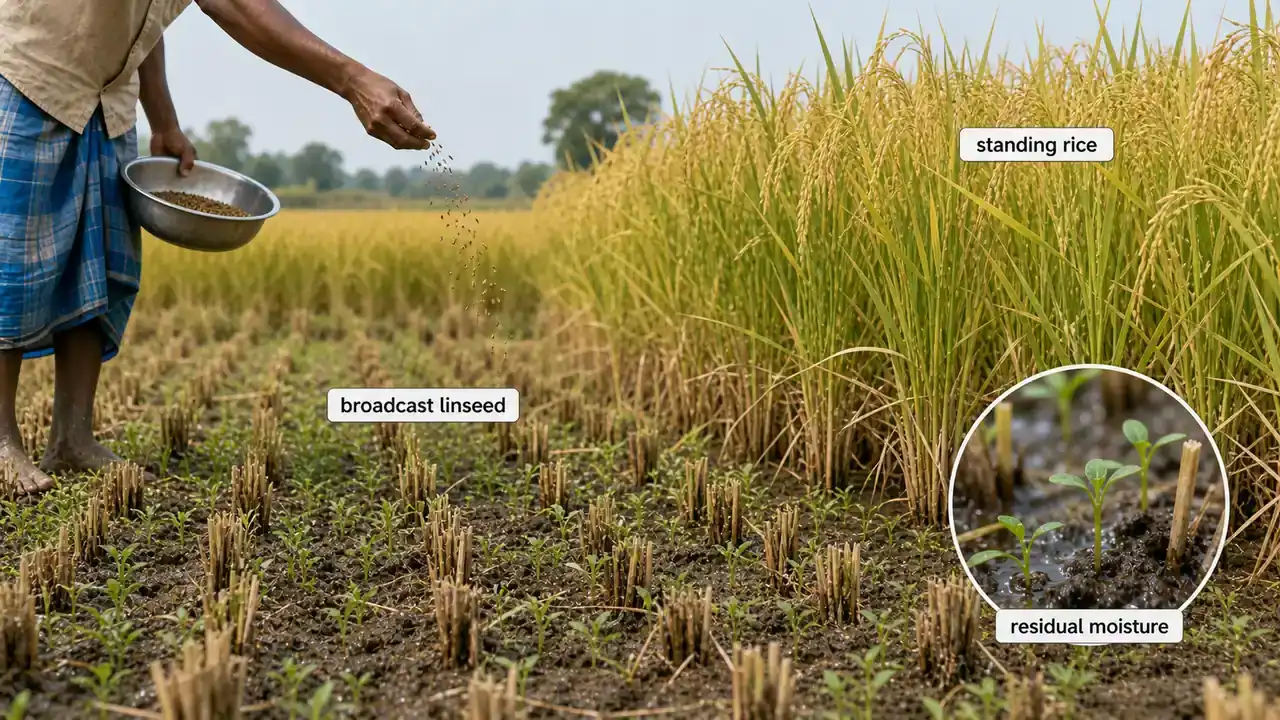 Utera cropping in linseed showing seed broadcast into standing rice and emergence on residual soil moisture
