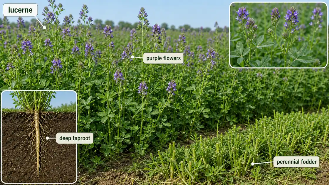 Lucerne alfalfa fodder crop showing purple flowers, deep taproot, and perennial regrowth after cutting