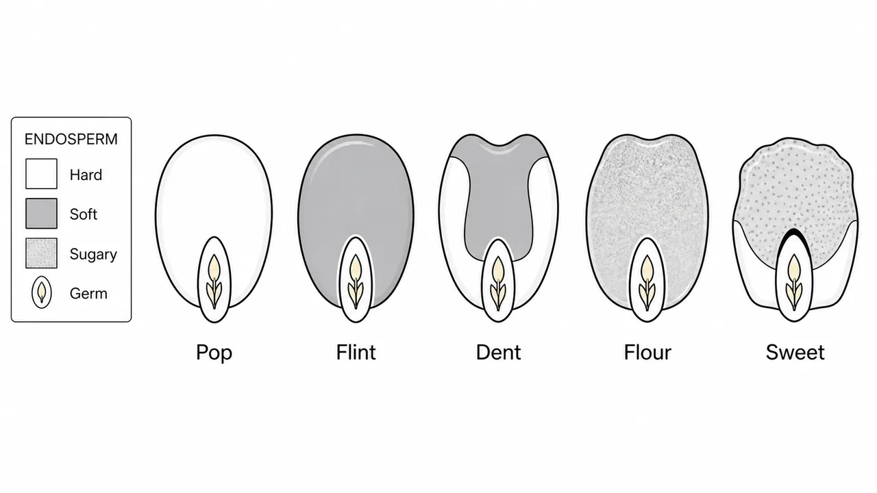 Maize kernel comparison showing pop, flint, dent, flour, and sweet corn by endosperm texture and germ position