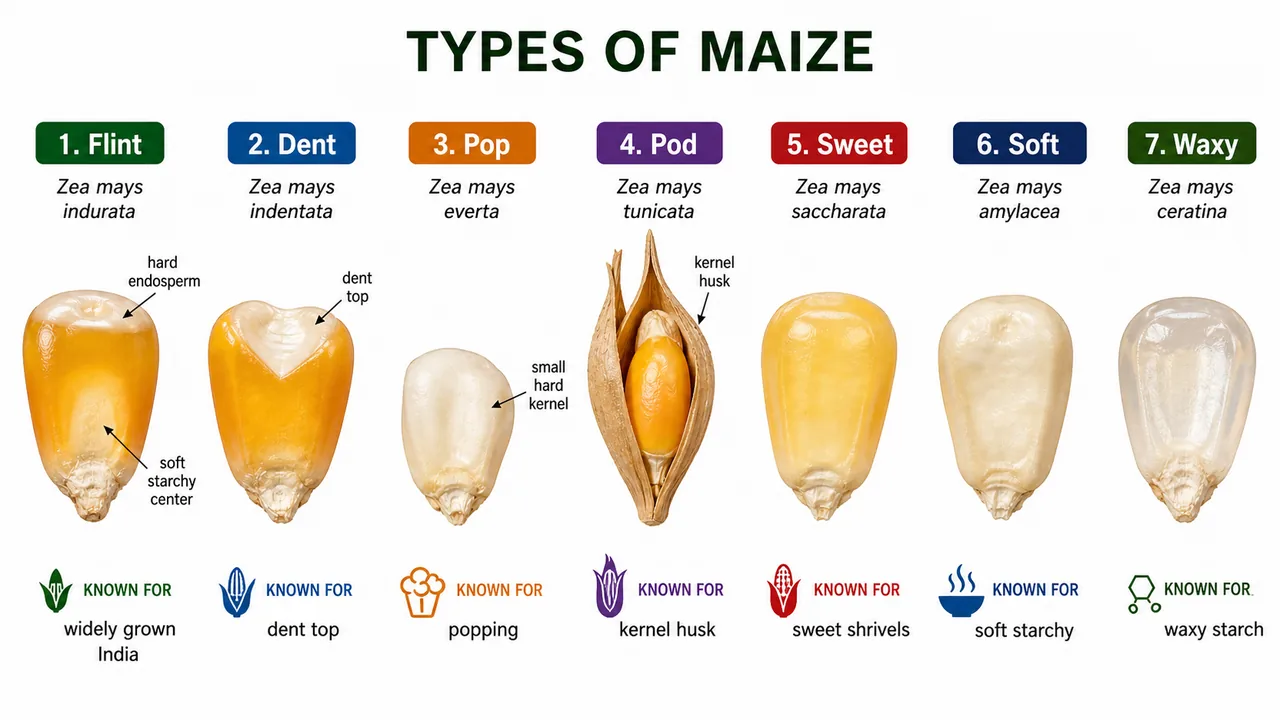 Seven maize types comparison showing flint dent pop pod sweet soft and waxy kernels with their scientific names