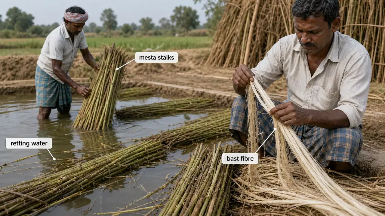 Mesta retting and bast fibre stripping from retted stalk bundles