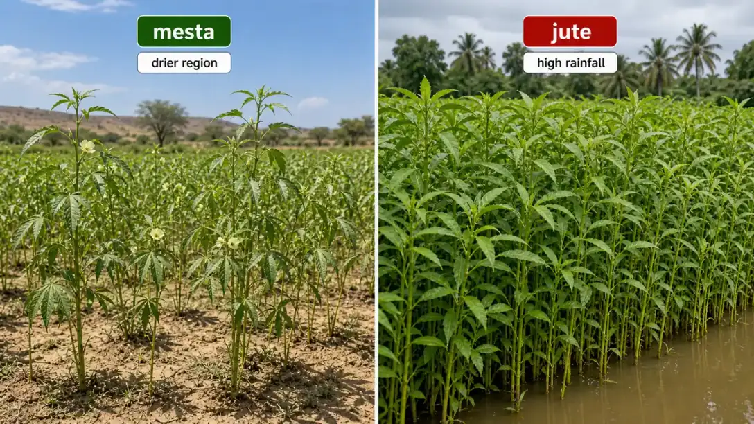 Mesta compared with jute showing adaptation to drier regions versus high-rainfall conditions