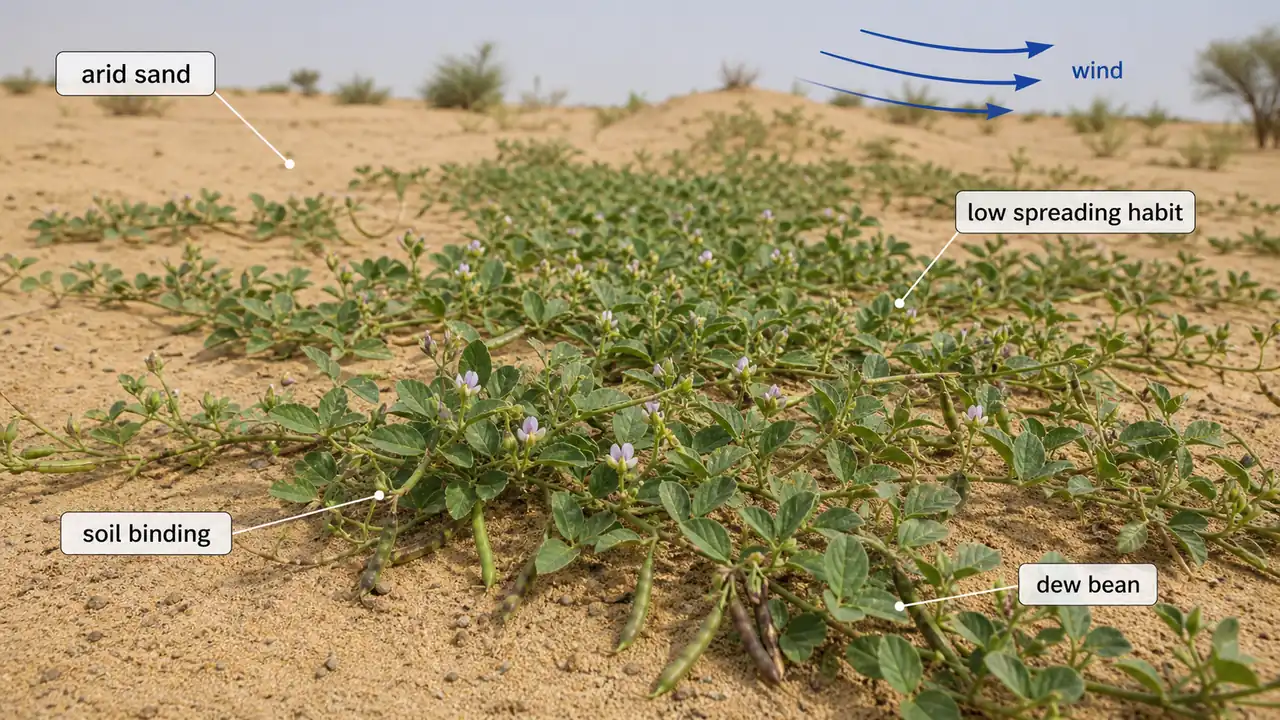 Moth bean growing as a low spreading soil-binding crop on sandy arid land in Rajasthan