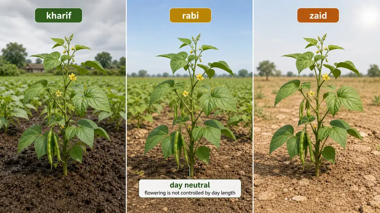 Mungbean shown across kharif, rabi, and zaid seasons to explain its day-neutral flowering habit