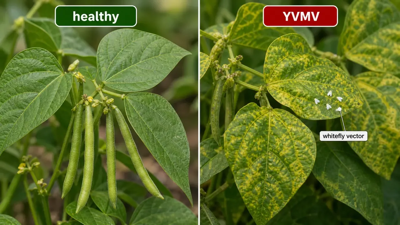 Healthy mungbean leaves compared with yellow vein mosaic virus symptoms and whitefly vector