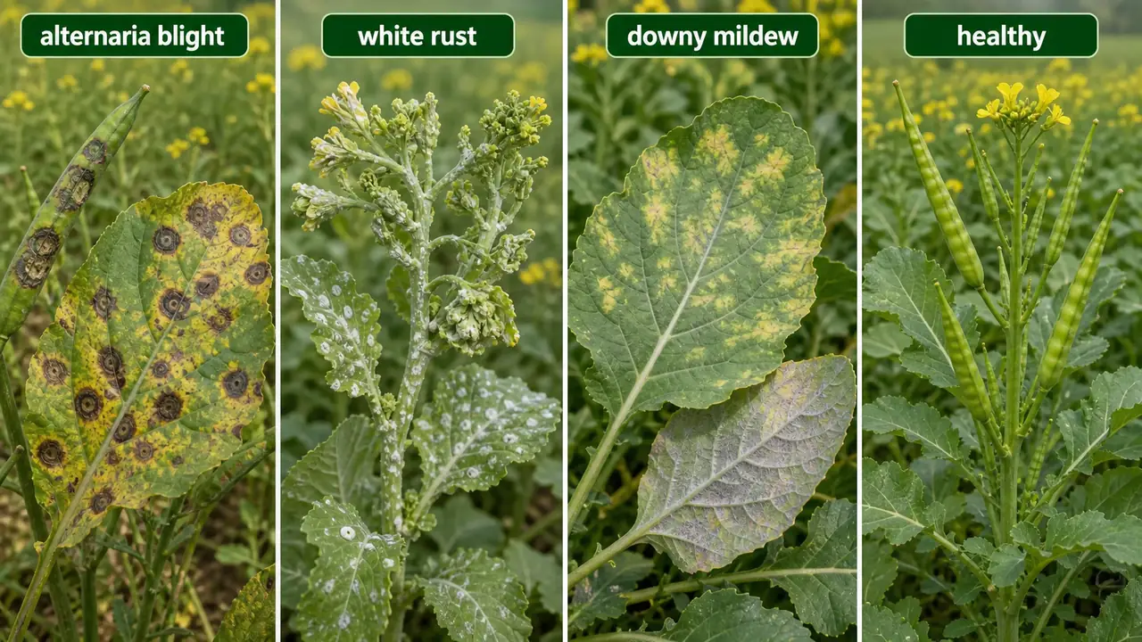 Mustard disease comparison showing alternaria blight white rust downy mildew and a healthy plant