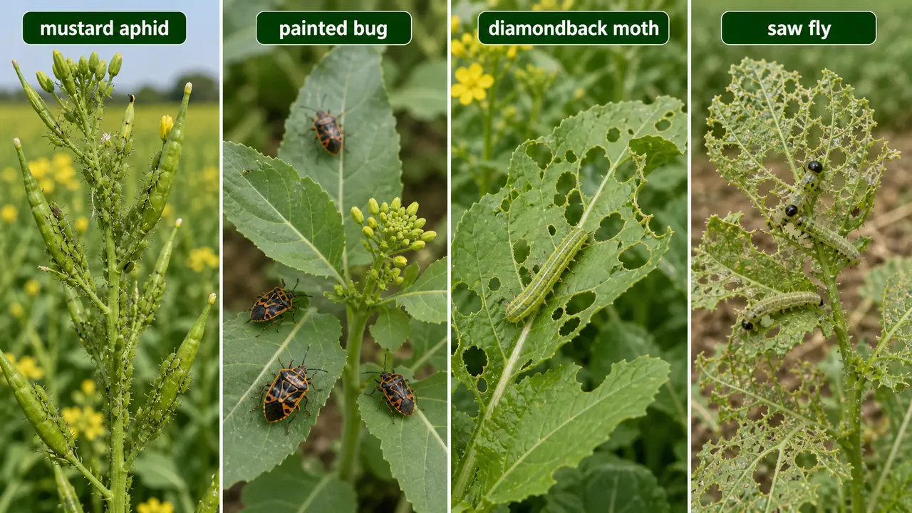 Mustard pest comparison showing mustard aphid painted bug diamondback moth and saw fly damage