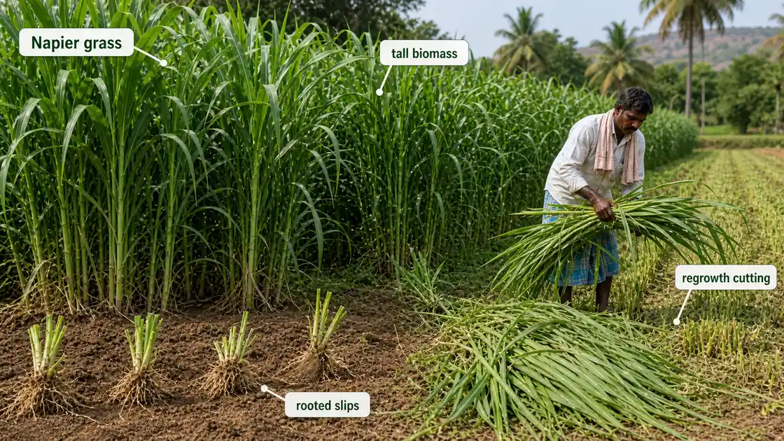 Napier grass fodder crop showing rooted slips, tall biomass, and regrowth cutting