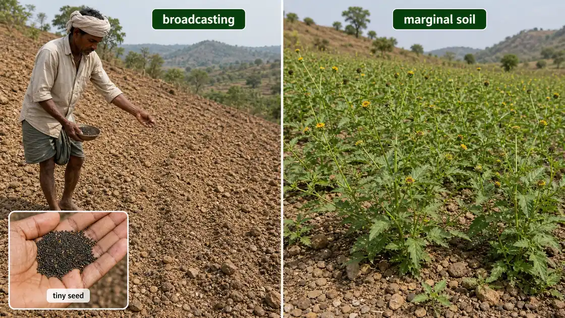 Niger cultivation showing broadcasting of tiny seed on gravelly marginal hillside land