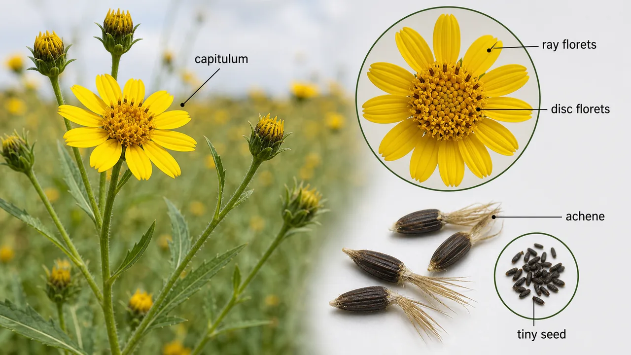 Niger inflorescence showing capitulum with ray and disc florets and the small achene seeds produced from the heads
