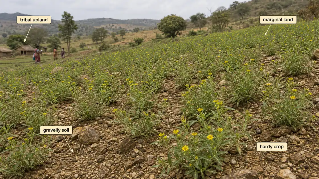Niger crop growing on poor gravelly tribal upland to show adaptation to marginal lands where other oilseeds struggle